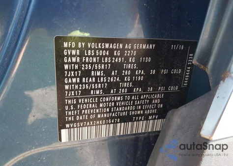 2017 Volkswagen Tiguan 2.0T Wolfsburg Edition z USA, uszkodzony, nr VIN WVGSV7AX2HK015478